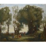 French School (20th century), Figures in a woodland (after Corot), oil on panel, indistinctly signed