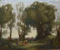 French School (20th century), Figures in a woodland (after Corot), oil on panel, indistinctly signed
