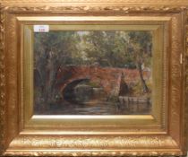 Capt A T Maitland (19th/20th century), Figure on a bridge, oil on board, signed lower right, 22 x