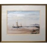 H F Duly (20th century), Happisburgh Lighthouse and Sunset Moorings, two watercolours, both signed
