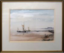 H F Duly (20th century), Happisburgh Lighthouse and Sunset Moorings, two watercolours, both signed