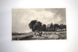 Sir Frank Short, RA (1857-1945), "Cottage with harvesters", black and white mezzotint, signed in