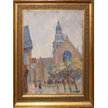 French School (20th century), Street scene with figures by a church, oil on panel, indistinctly