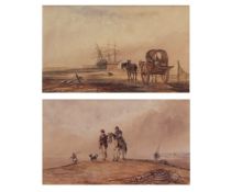 English School (19th century) Fisherfolk returning home and Horse and cart on a beach, pair of