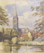 A J Cole (19th century), Salisbury Cathedral from Palace Garden, Sept 5 1876, watercolour, signed