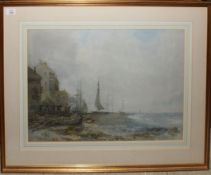 Albert Pollitt (1856-1920), Beach scene with fisherfolk, boats and houses, watercolour, signed and