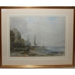 Albert Pollitt (1856-1920), Beach scene with fisherfolk, boats and houses, watercolour, signed and