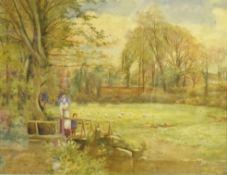 Alfred F Perrin, RCA (1838-1918), Mother and child on a stick bridge, watercolour, signed lower