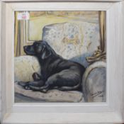 Gerald Hare (20th century), Black Labrador on a chair, gouache, signed and dated 1958 lower right,