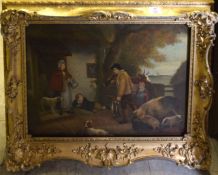 Follower of George Morland (19th century), Figures and animals before a cottage, oil on canvas, 40 x