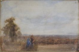 English School (19th century), Landscape with figures, watercolour, 50 x 75cm, unframed (a/f)