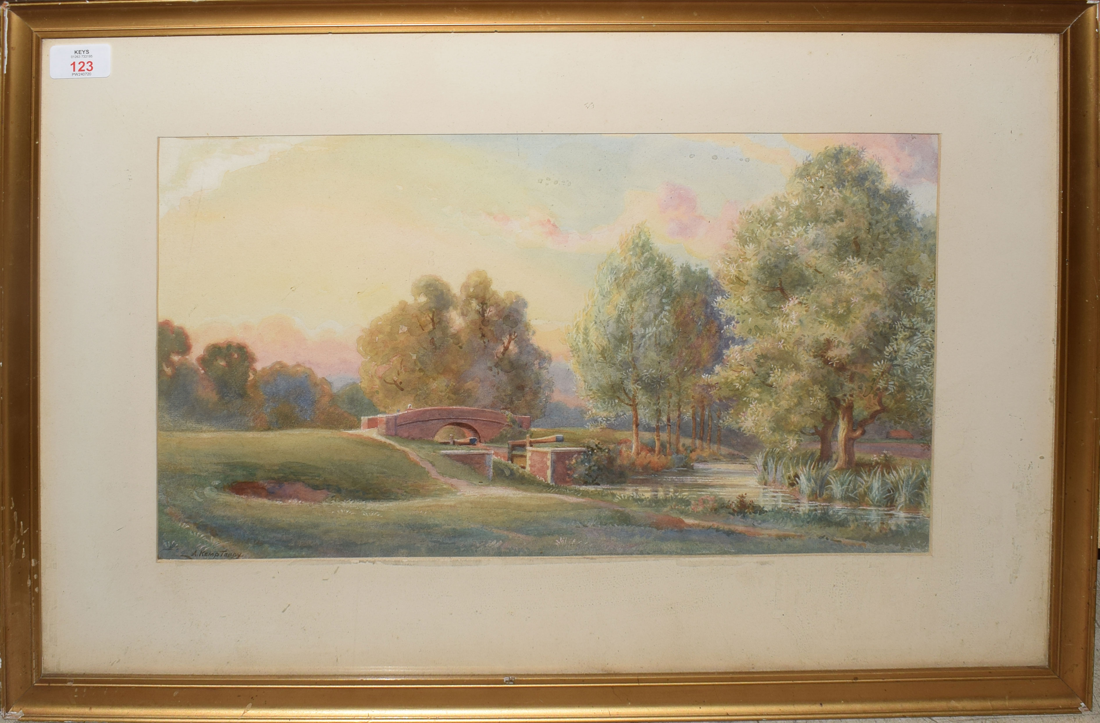 Arthur Kemp Tebby (1865-1935), "Bridge at Beeleigh, Essex", watercolour, signed lower left, 27 x