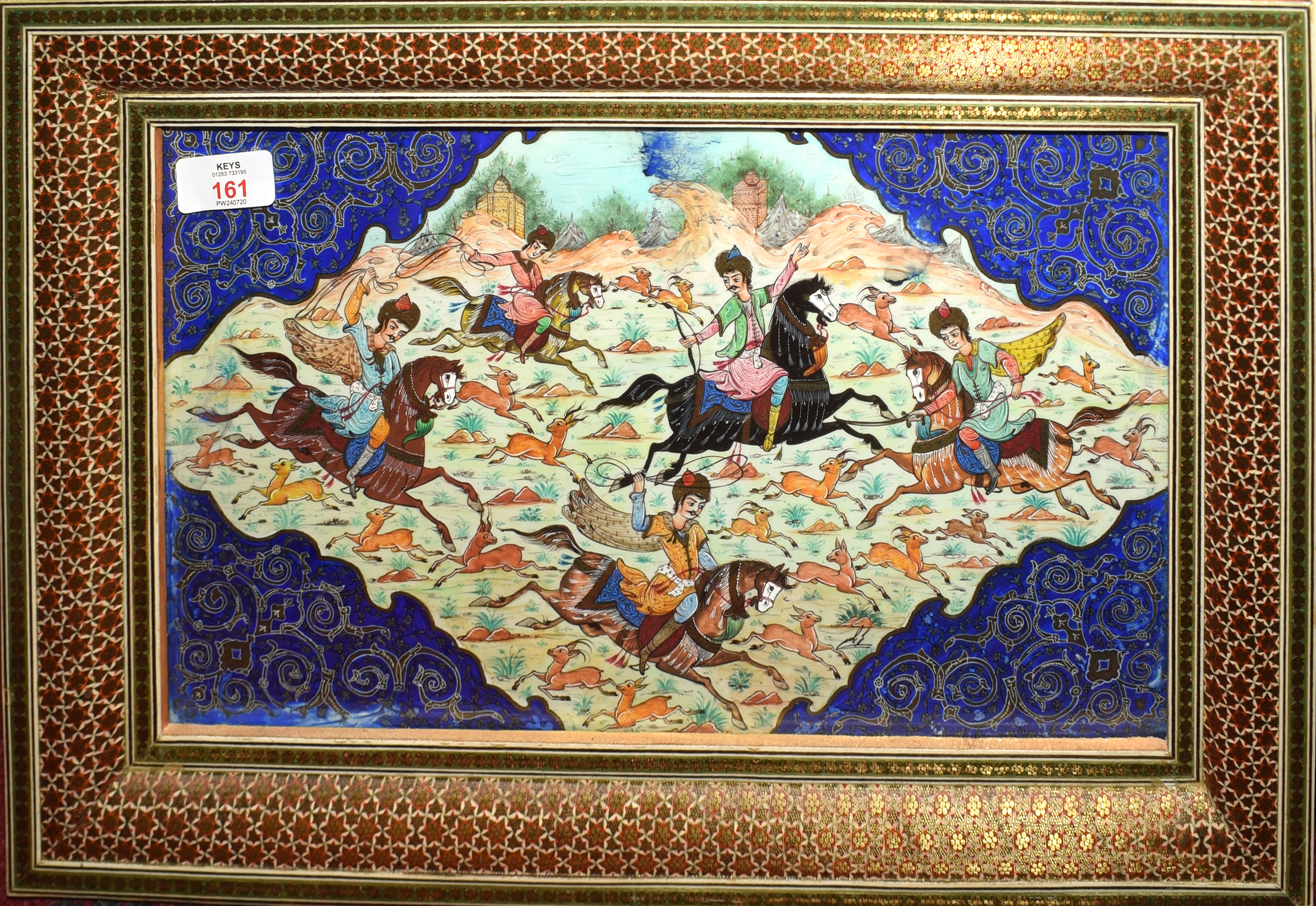 Mogul School (20th century), Figures on horseback with antelopes, oil on mica panel, in Moorish