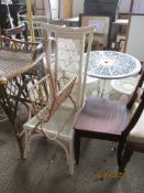 PAINTED CANE HIGH BACKED CHAIR, HEIGHT APPROX 103CM TOGETHER WITH A SIMILAR MAGAZINE RACK