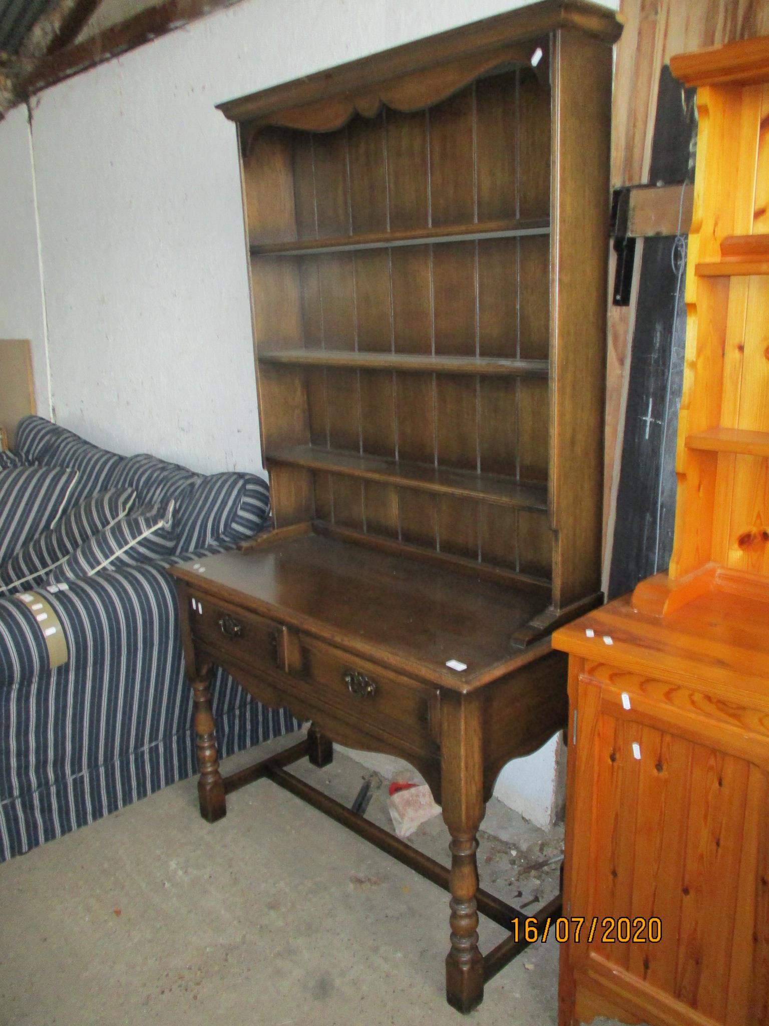 19TH CENTURY ELM DRESSER WITH TWO DRAWERS BENEATH SHELVED BACK RAISED ON TURNED LEGS, WIDTH APPROX