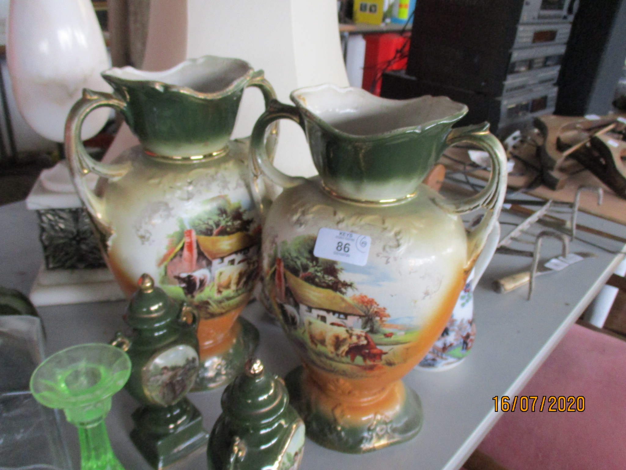 PAIR OF LARGE VICTORIAN VASES DEPICTING CATTLE, HEIGHT APPROX 29CM TOGETHER WITH VARIOUS JUGS ETC