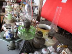 THREE VARIOUS OIL LAMPS, TALLEST APPROX 57CM INCLUDING CHIMNEY