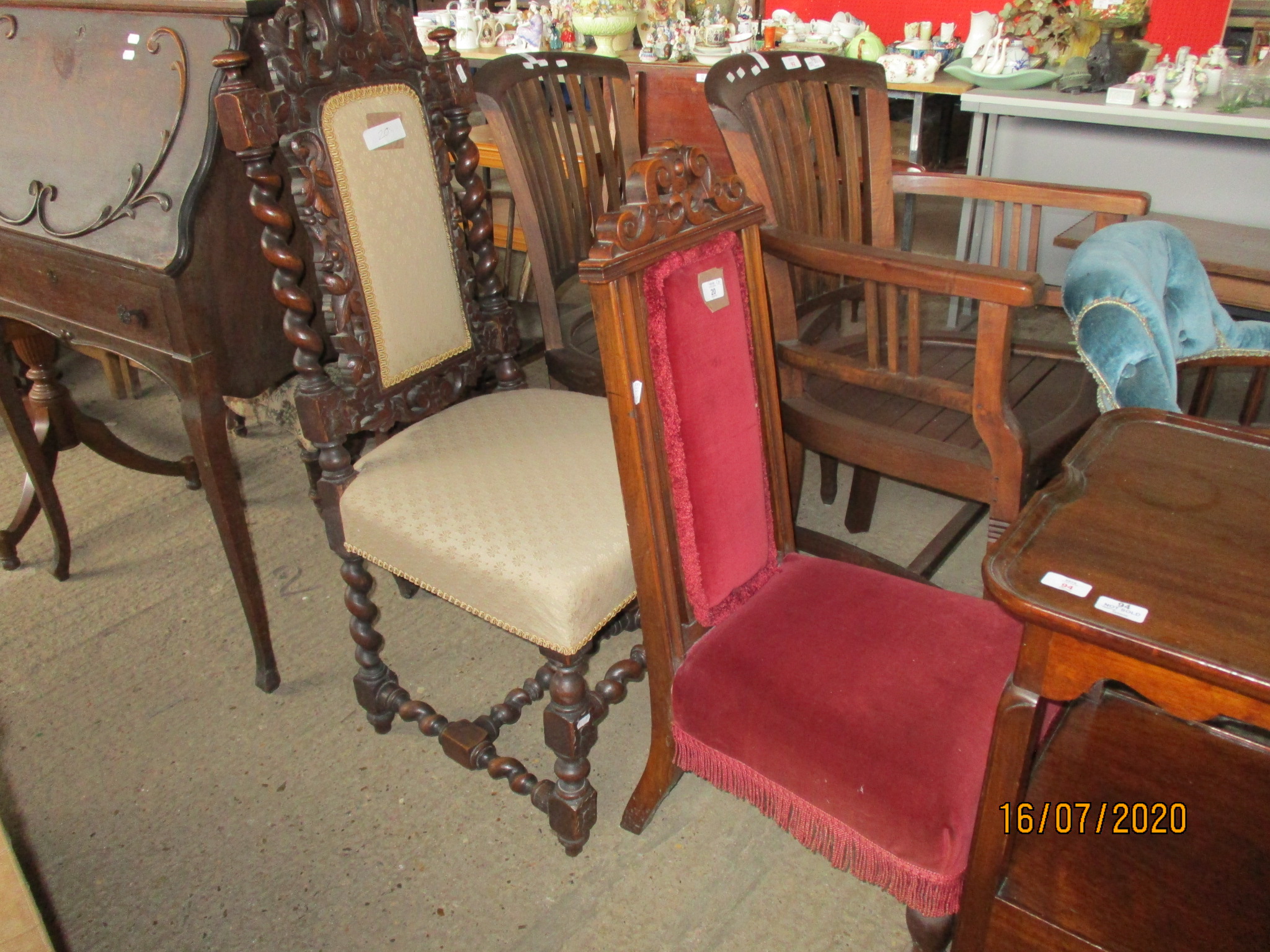 HEAVILY CARVED 19TH CENTURY UPHOLSTERED HALL CHAIR, HEIGHT APPROX 110CM, TOGETHER WITH A SMALLER