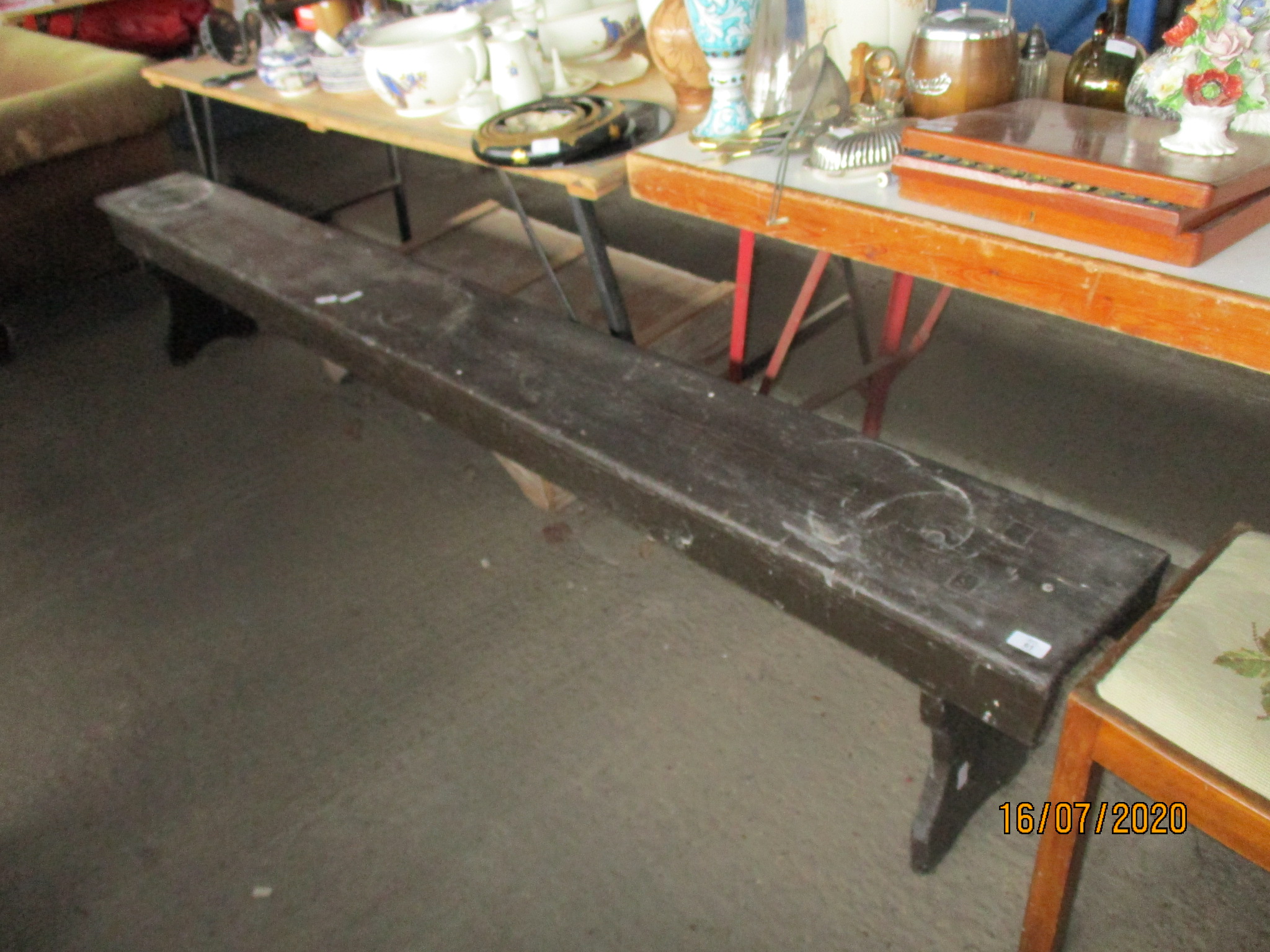 REFECTORY STYLE PAINTED PINE BENCH, LENGTH APPROX 266CM