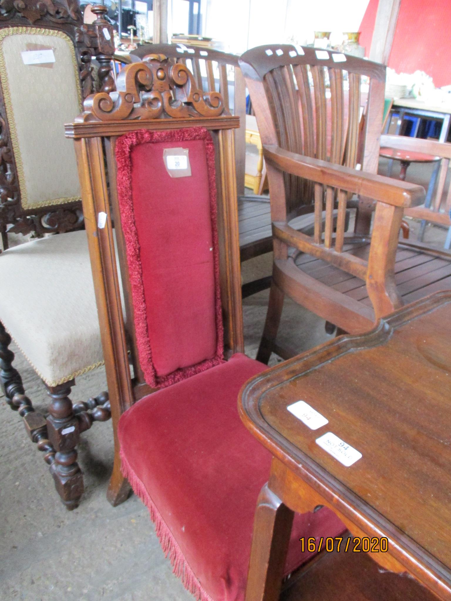 HEAVILY CARVED 19TH CENTURY UPHOLSTERED HALL CHAIR, HEIGHT APPROX 110CM, TOGETHER WITH A SMALLER - Image 2 of 4