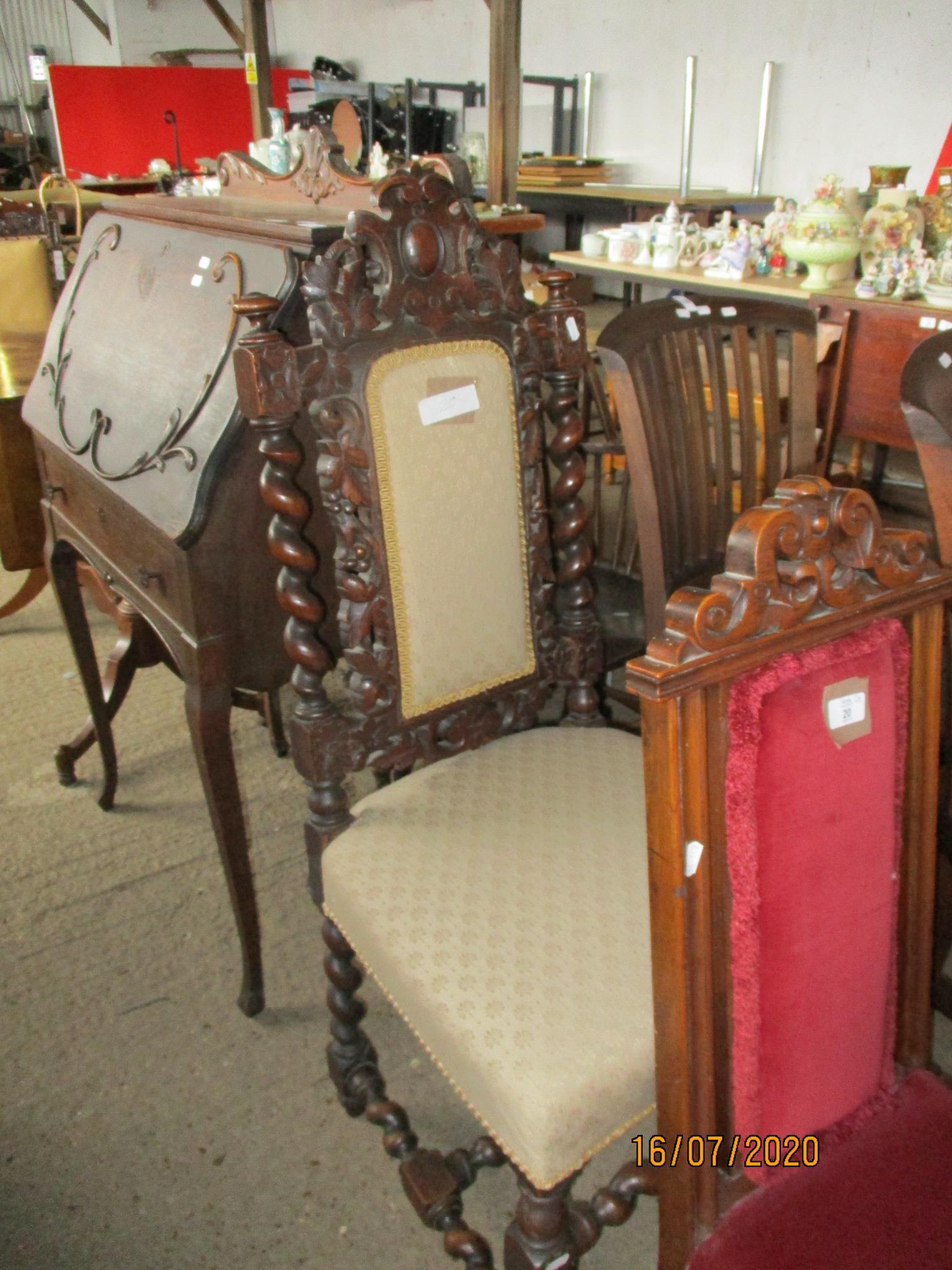 HEAVILY CARVED 19TH CENTURY UPHOLSTERED HALL CHAIR, HEIGHT APPROX 110CM, TOGETHER WITH A SMALLER - Image 3 of 4