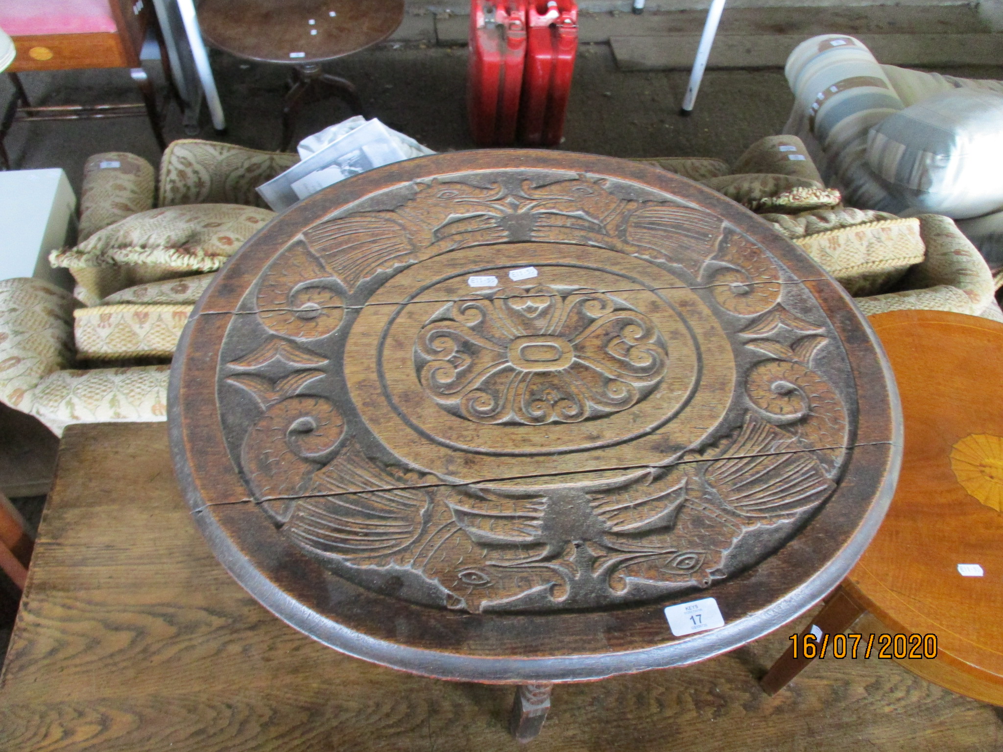 SMALL 19TH CENTURY OVAL TABLE, RAISED ON BOBBIN LEGS, HEAVILY CARVED TO TOP WITH DEPICTIONS OF - Image 3 of 3