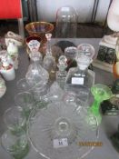 QUANTITY OF VARIOUS GLASS WARES INCLUDING CLOCK DOME, DECANTERS ETC. CLOCK DOME APPROX 26CM HIGH