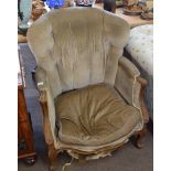 19th century walnut framed button back armchair with short front supports with scroll feet