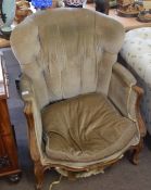 19th century walnut framed button back armchair with short front supports with scroll feet