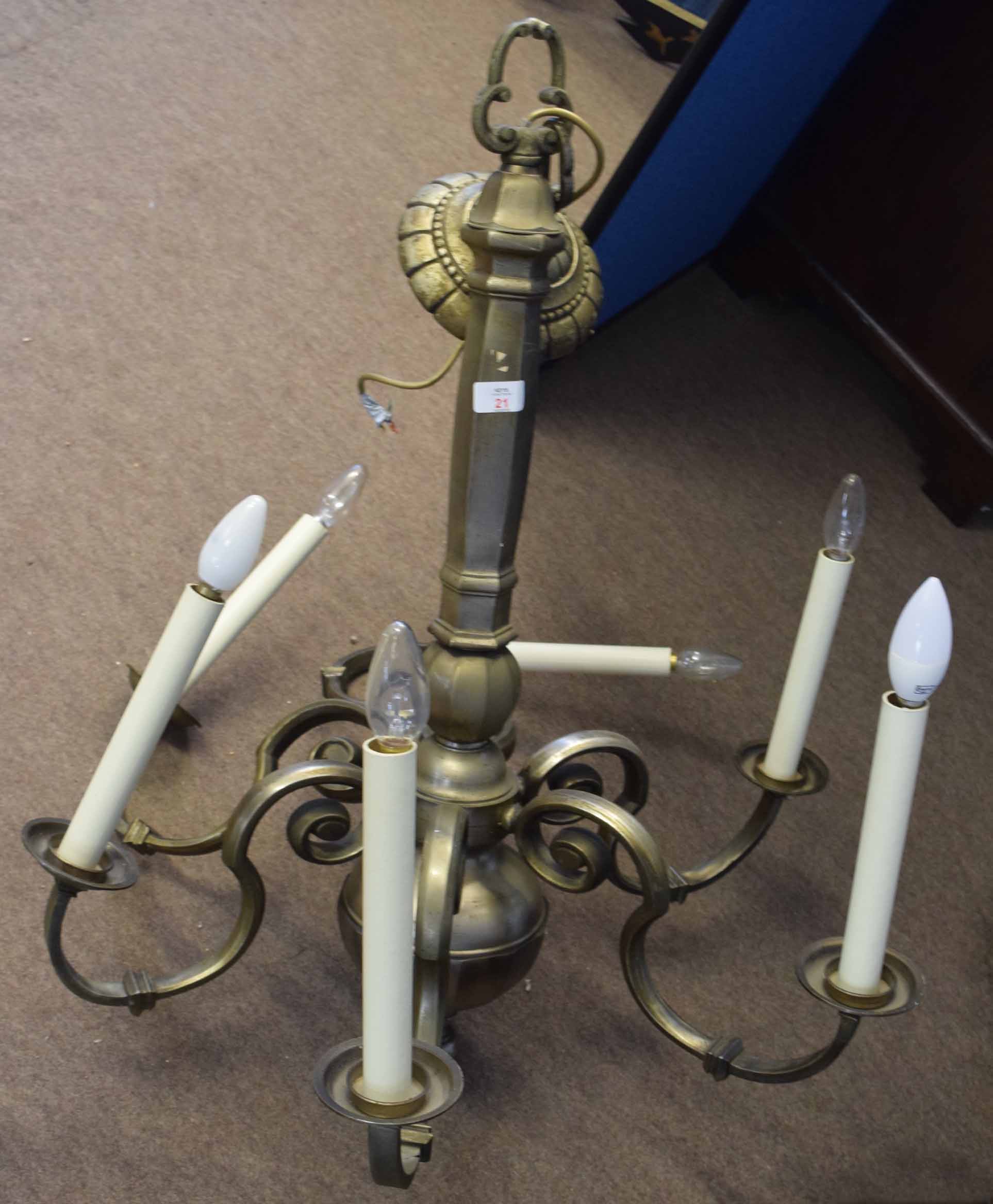 Reproduction metal electrolier, central shaft joined by six scrolled sconces, 90cm high