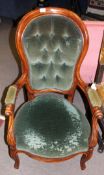 Victorian mahogany stained gents chair with green button back upholstery