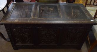 18th century oak coffer with three panel top and front, 127cm wide