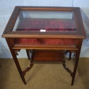 19th century mahogany bijouterie table, blind fretwork moulded and glazed lid, front and back and