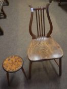 Unusual elm seated hall chair with lyre back, together with a decorative small poker-work stool (2)