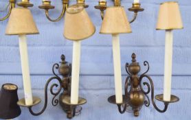 Pair of modern Dutch style brass two-branch wall sconces, 30cm wide