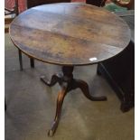 19th century oak circular pedestal table, tapering column and tripod base, 77cm diam