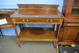 Early 20th century inlaid mahogany two-tier buffet, short pediment over full width frieze drawer