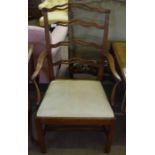 19th century oak Lancashire style ladderback carver chair with pierced rail back, cream