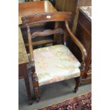 19th century mahogany carver chair with bar back and scrolled centre rail, slightly splayed arms,