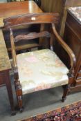 19th century mahogany carver chair with bar back and scrolled centre rail, slightly splayed arms,