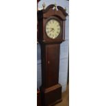 19th century oak longcase clock, broken arch pediment with urn finials, circular re-painted dial,