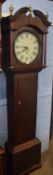 19th century oak longcase clock, broken arch pediment with urn finials, circular re-painted dial,