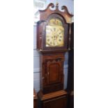 19th century mahogany longcase clock, swan neck pediment over a painted arched dial, (the face