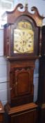 19th century mahogany longcase clock, swan neck pediment over a painted arched dial, (the face