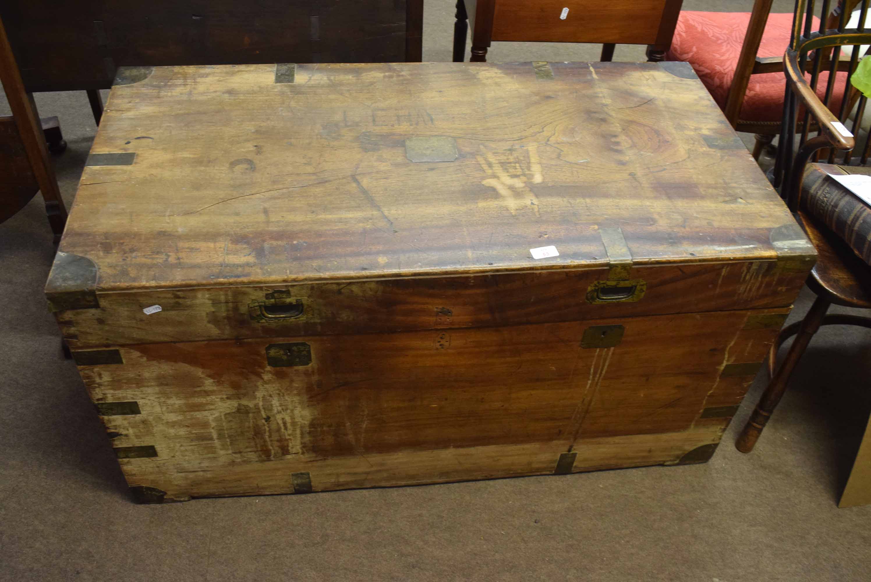Victorian camphor wood large campaign/storage box, brass bound throughout with further brass