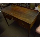 Edwardian mahogany small sideboard with short pediment over three drawers on tapering square