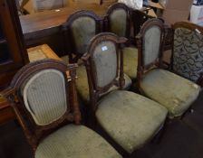 Set of five Victorian mahogany dining chairs with green upolstered backs and seats