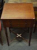 Mahogany work table lifting lid over two dummy drawers and further drawer below on ring turned