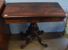 19th century rosewood fold-top pedestal card table raised on moulded support terminating in a