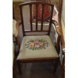 Early 19th century mahogany carver chair with fluted rail back, grospoint wool upholstered drop in